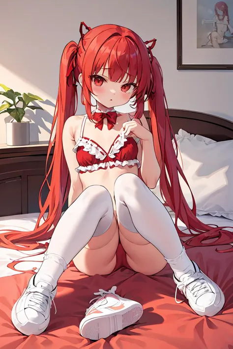 (masterpiece, best quality), red hair girl twintails on the bed wearing only frill white bra and panties white kneesocks and sneakers stuffed animals and fan, (Clutter-Home:0.8), (detailed skin:1.3) (sharp focus),