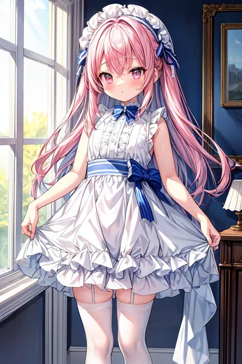 (masterpiece, best quality), 1girl, blue and white frill dress, (white stockings), pink hair, cute face, standing, indoor, intricate detail, sunlight, <lora:add_detail:1>