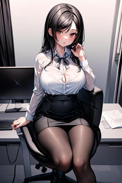 (masterpiece, best quality), a young black haired girl office secretary dressed in a transparent white blouse and black office skirt and black pantyhose ,sitting in an office chair, holding pencil, (detailed skin:1.3),(detailed eyes), (sharp focus), <lora:...