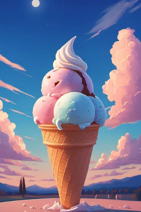 ice cream, no humans, food, sky, ice cream cone, cloud, food focus, blurry, moon, soft serve, blue sky, outdoors, still life,<lo...