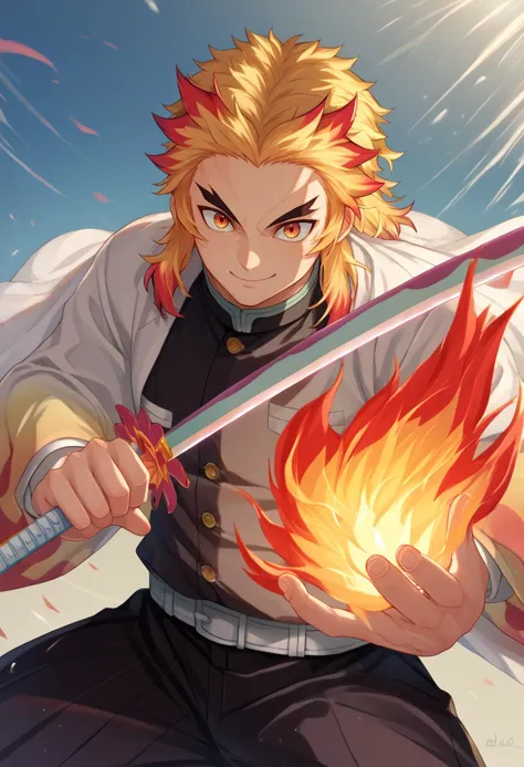 a man with a sword and fire in his hand