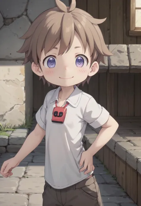 <lora:natsd-000015:0.6>
1boy, mia_nat, standing, beautiful village, male focus,
wearing a (red whistle:1.2) around his neck, outside, low angle
brown hair, blue eyes with a slight purple gradient, smiling, 
very short hair, white shirt, energetic eyes, sparkling eyes,
draw it in the style of made in abyss, (straight on:1.2),
The soft lighting and detailed surroundings create an immersive environment where imagination runs wild
hyper-detailed,hyper-detailed face, high quality visuals, dim Lighting, sharply focused, octane render, 8k UHD,
GS-Boyish,  GS-Masculine