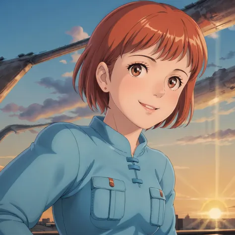 looking at viewer,smile,
1girl,brown hair,brown eyes,short hair,
blue_dress,long_sleeves,sunset,