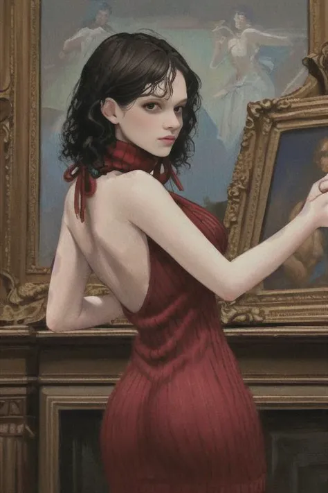 a painting of a woman in a red dress holding a picture