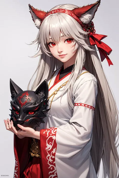 anime girl with long white hair and red eyes holding a black cat