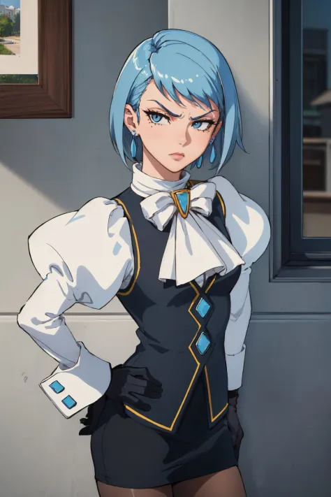 (masterpiece, best quality:1.2), cowboy shot, solo, 1girl, aafranziska, unamused, looking at viewer, hand on hip, blue hair, ascot, puffy sleeves, pencil skirt, pantyhose, black gloves, jewelry, earrings 