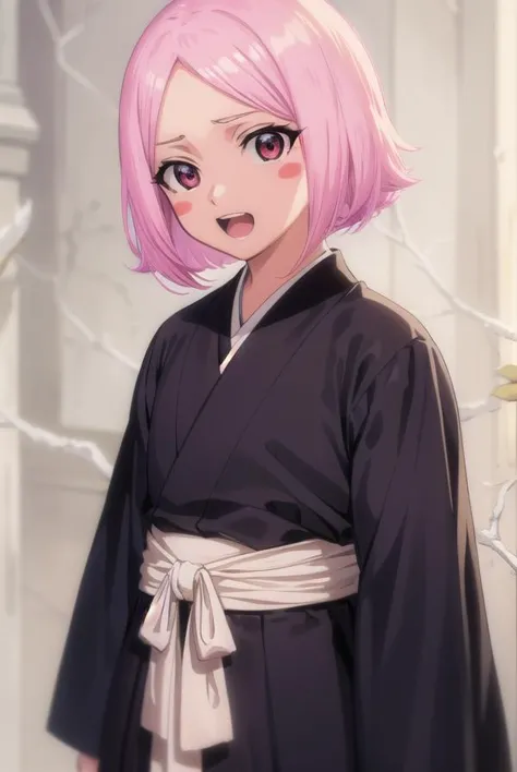 a close up of a person with pink hair wearing a black robe