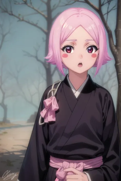 anime girl with pink hair and black kimono outfit standing in front of trees