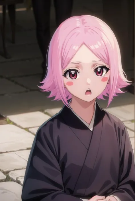 anime girl with pink hair and black kimono sitting on a stone floor