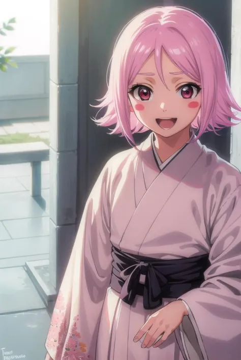 anime girl with pink hair and pink eyes in a kimono