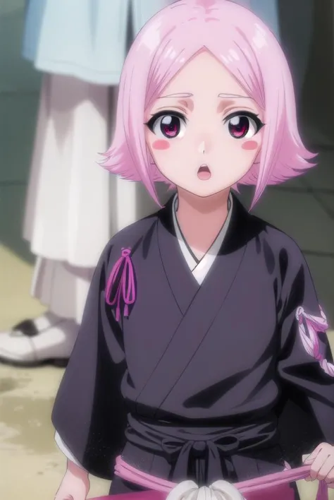 anime girl with pink hair and black kimono sitting on a chair