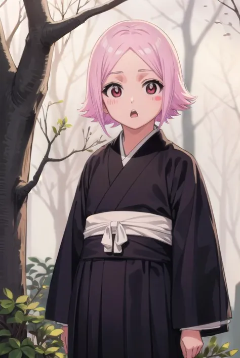 a woman in a black kimono standing in front of a tree