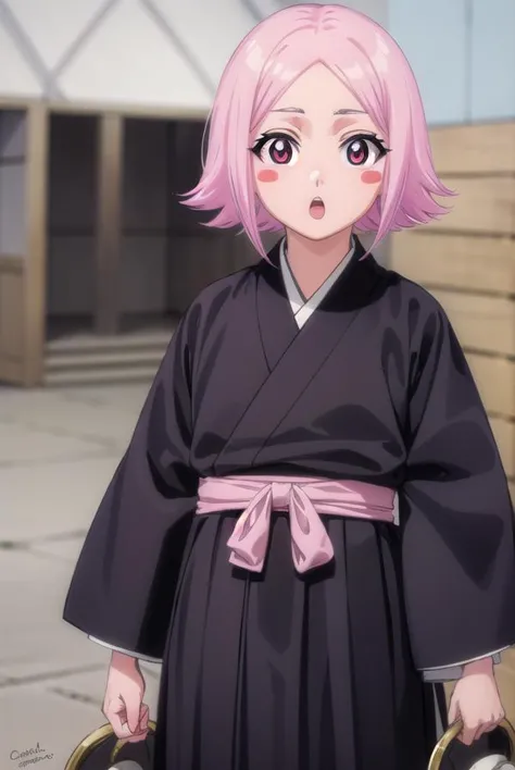 anime girl with pink hair and black kimono holding two gold pots