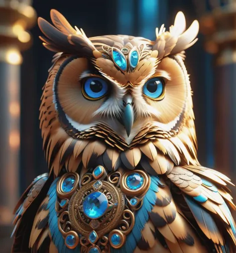 a close up of a statue of an owl with blue eyes