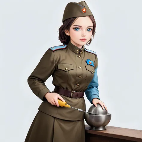 a close up of a woman in a uniform holding a bowl