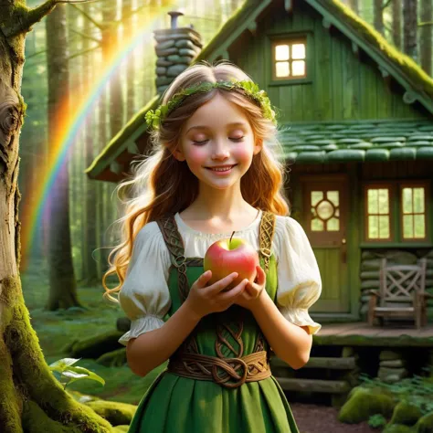 a lovely Celtic girl, in front of a forest cabin, cradling an apple in both hands, happily eating it, her eyes closed in happine...
