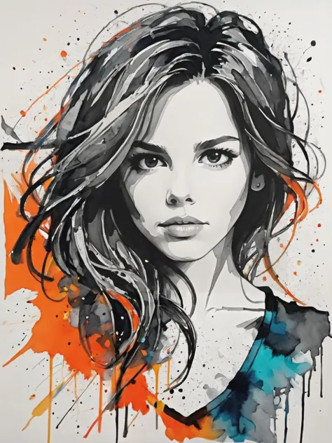 abstract expressionist painting art style ink pen sketch of cute 18yo (apoloniaa:0.7) (Kate Beckinsale:0.6),  extremely detailed...