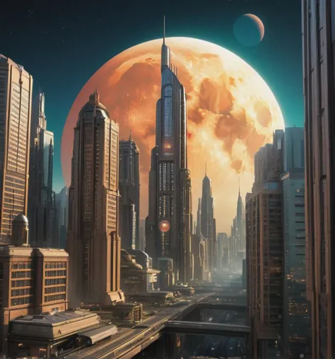 photorealistic movie, concept art of  metropolis city a futuristic city with a giant moon in the background, digital artwork, illustrative, painterly, matte painting, highly detailed