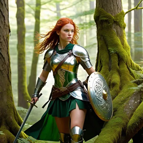 a steely-eyed Celtic warrior woman, armed with a steel sword and shield and wearing Celtic-style armour, readies herself for bat...