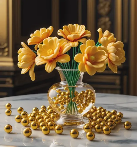 photorealistic movie, (Cinematic Photo:1.3) of (Masterpiece:1.3),(Lonely:1.3) flowers, Bling, gold, HD, Photo, in Marbles, Puzzl...