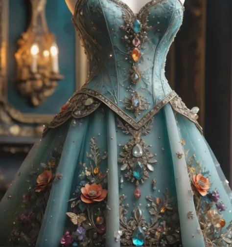 dress transparent, gem, details, detailed scene, magical items, highly detailed scene, masterpiece, 3D, sculptural, textured, handmade, vibrant, fun, Textured, distressed, vintage, edgy, dirty, noisy