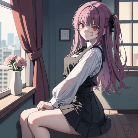 anime girl sitting on a window sill looking out a window