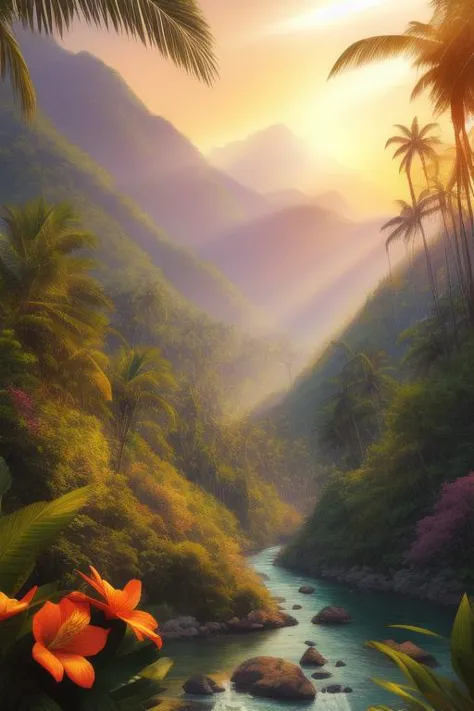 a painting of a river surrounded by palm trees and mountains