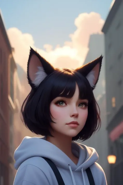 A cute girl with cat ears and a cute fluffy cat with big eyes, cat ears, clear eyes, short black bob cut, pale dress, hoodie, portrait, digital painting, artstation, concept art, smooth, sharp focus, illustration, cinematic lighting, art by artgerm and greg rutkowski alphonse mucha, heavily influenced ruan jia rutkowski, natural tpose