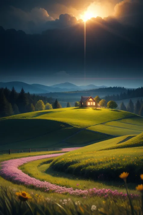 night,  grassland with flowers,  small hill in the distance,  quiet,  no person,  firefly,  ultra HD,  realistic,  vivid colors,  highly detailed,  UHD drawing,  pen and ink,  perfect composition,  beautiful detailed intricate insanely detailed octane render trending on artstation,  8k artistic photography,  photorealistic concept art,  soft natural volumetric cinematic perfect light, <lora:EMS-179-EMS:0.800000>