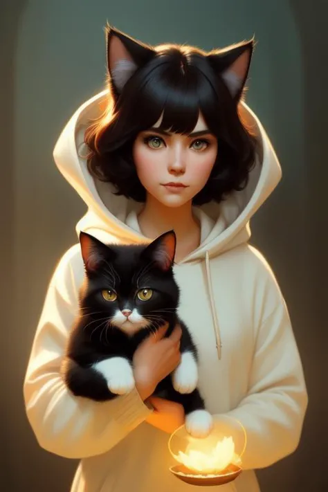 a woman in a white hoodie holding a black and white cat