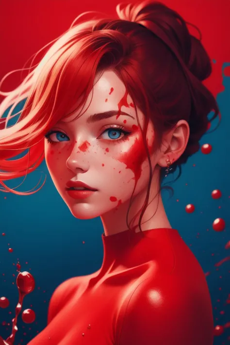 a girl,  illustration,  cover art,  (((red))),  portrait,  red background,  red splash