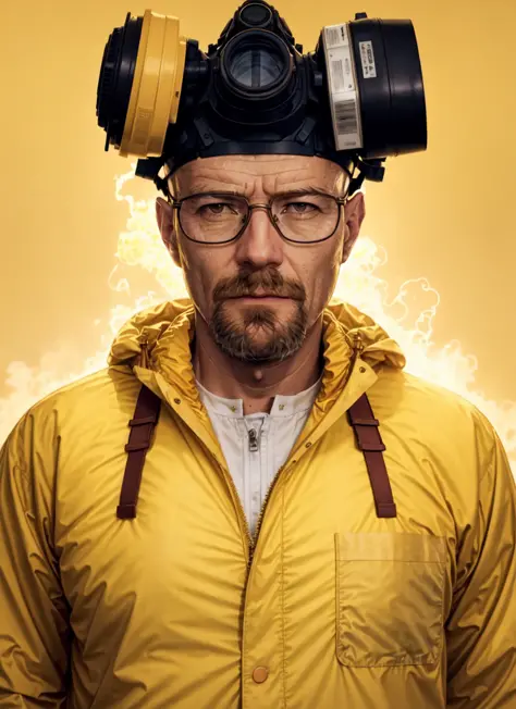 A stunning intricate full colour upper body photo of man wearing glasses, (wearing a yellow lab coat and a gas mask on the head)...