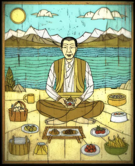 painting of a man sitting on a beach with food and a basket of fruit