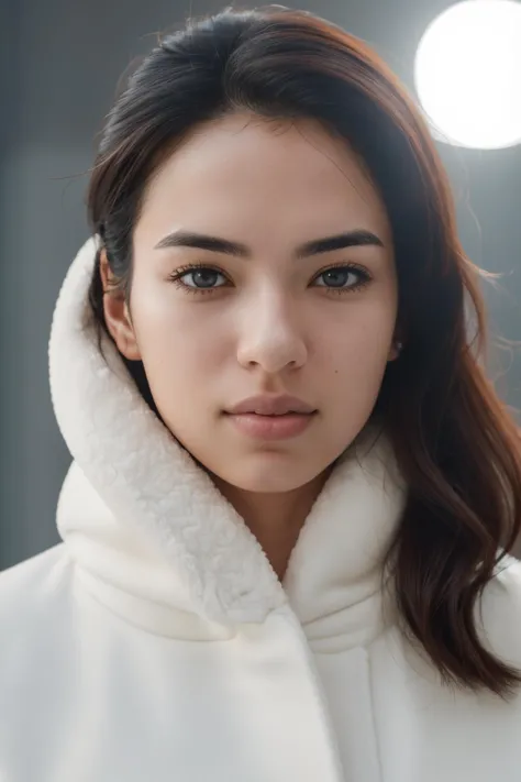 a woman in a white coat and a white hoodie