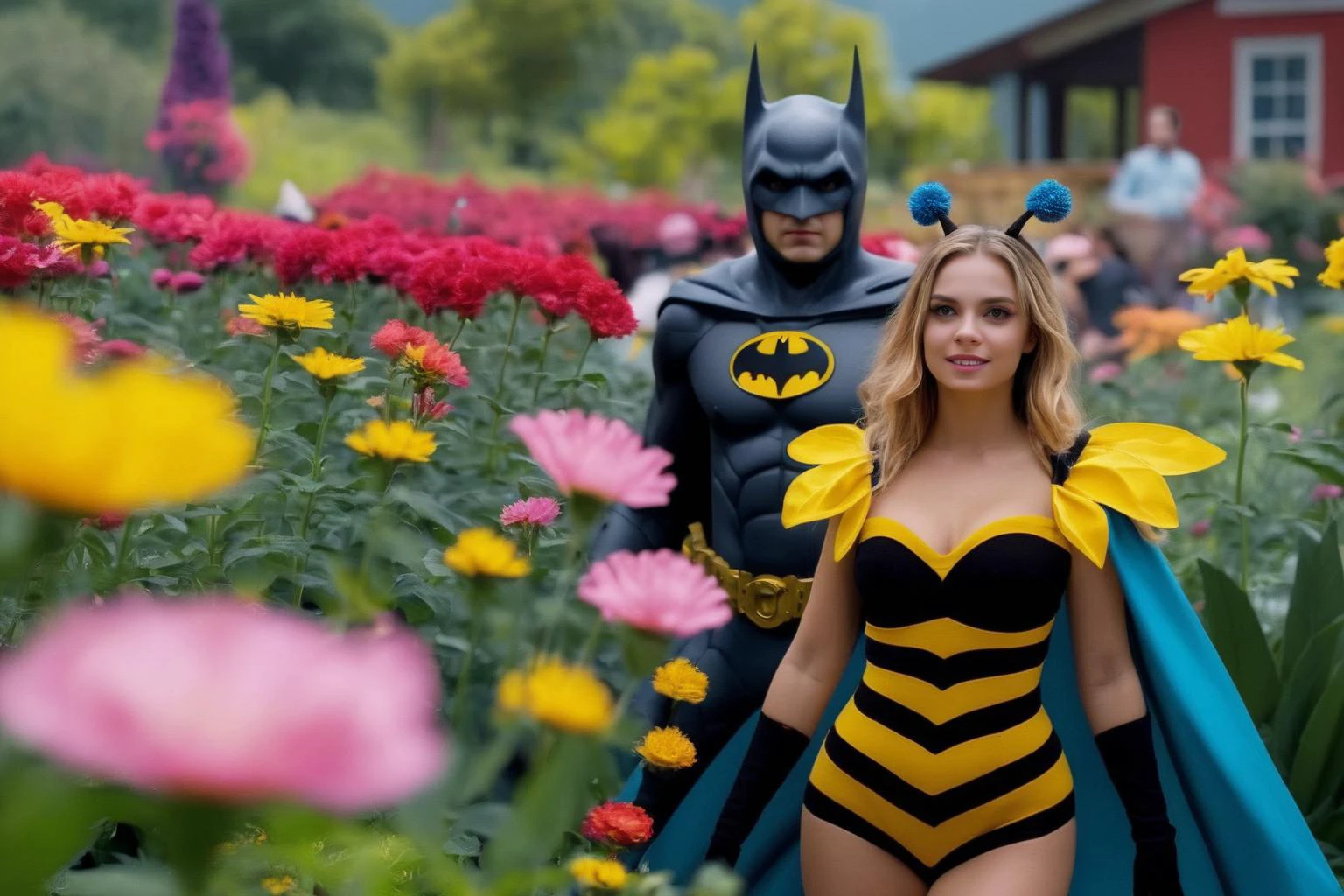 Batman and a woman in a bee costume walking through a field of flowers -  SeaArt AI