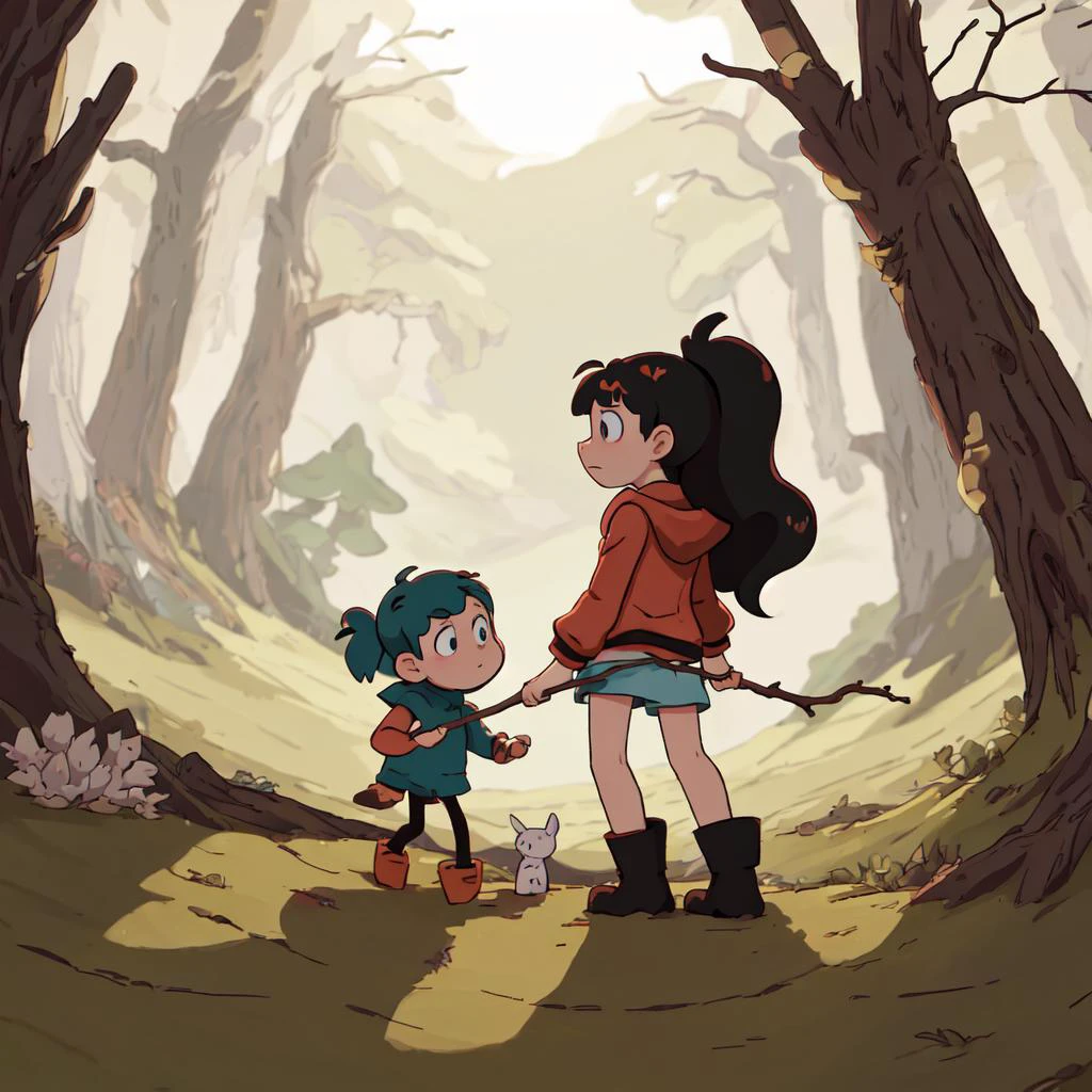 A Cartoon Of A Girl And Boy Standing In A Forest - Seaart Ai