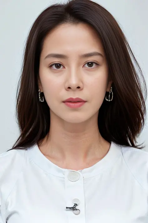 a woman with a white shirt and earrings on her head looking at the camera with a serious look on her face