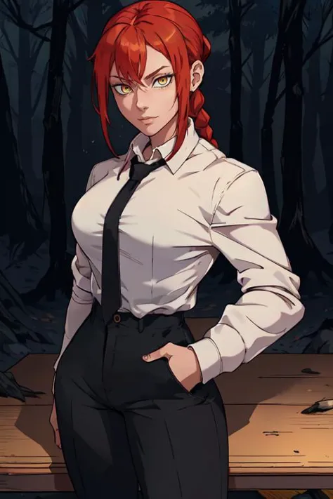 masterpiece,best quality,extreme detail,8k,<lora:makima-12:0.8>,makima2,1girl,solo,red hair,yellow eyes,ringed eyes,braided ponytail,With jacket: shirt,long sleeves,jacket,white shirt,necktie,collared shirt,pants,black jacket,black pants,formal,suit,black necktie,shirt tucked in,