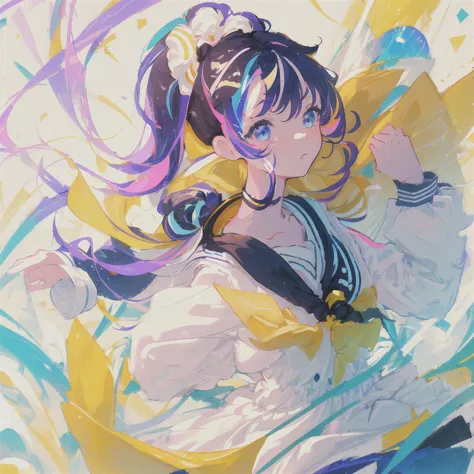 masterpiece, 4k, ultra high quality cg, best quality,
 <lora:SailorDress:1> sailor collar, (sailor dress:1.2), 1girl, high ponytail, swept bangs, flipped hair, purple hair, blue eyes, green_splash_of_paint, streaked hair, yellow_hair_streaks,