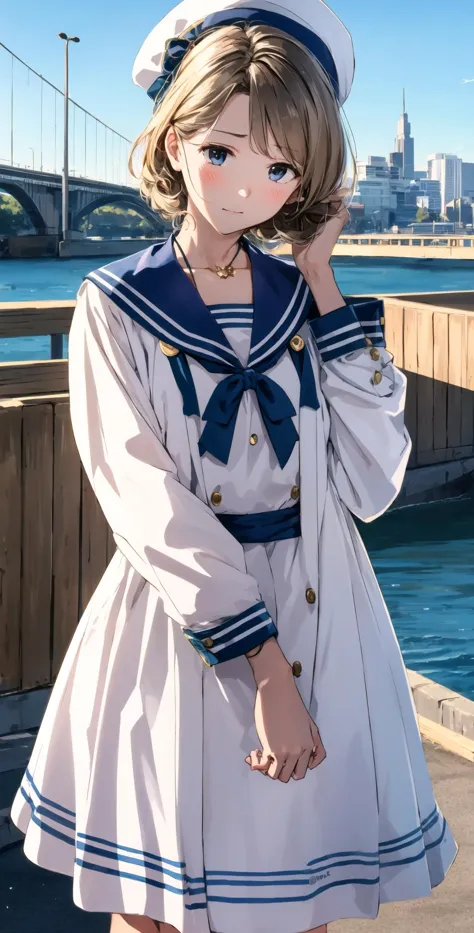 anime girl in sailor outfit posing by the water with a bridge in the background