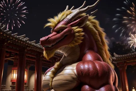 solo,(eastern dragon, fluffy mane,  red body, yellow hair ), chinese temple, night, fireworks, male, (muscular), smile ,(realist...