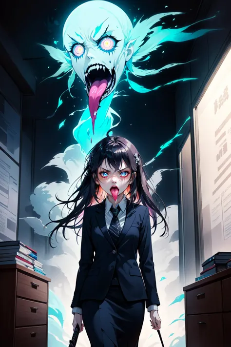 anime girl in a suit walking in a room with a large monster on the wall