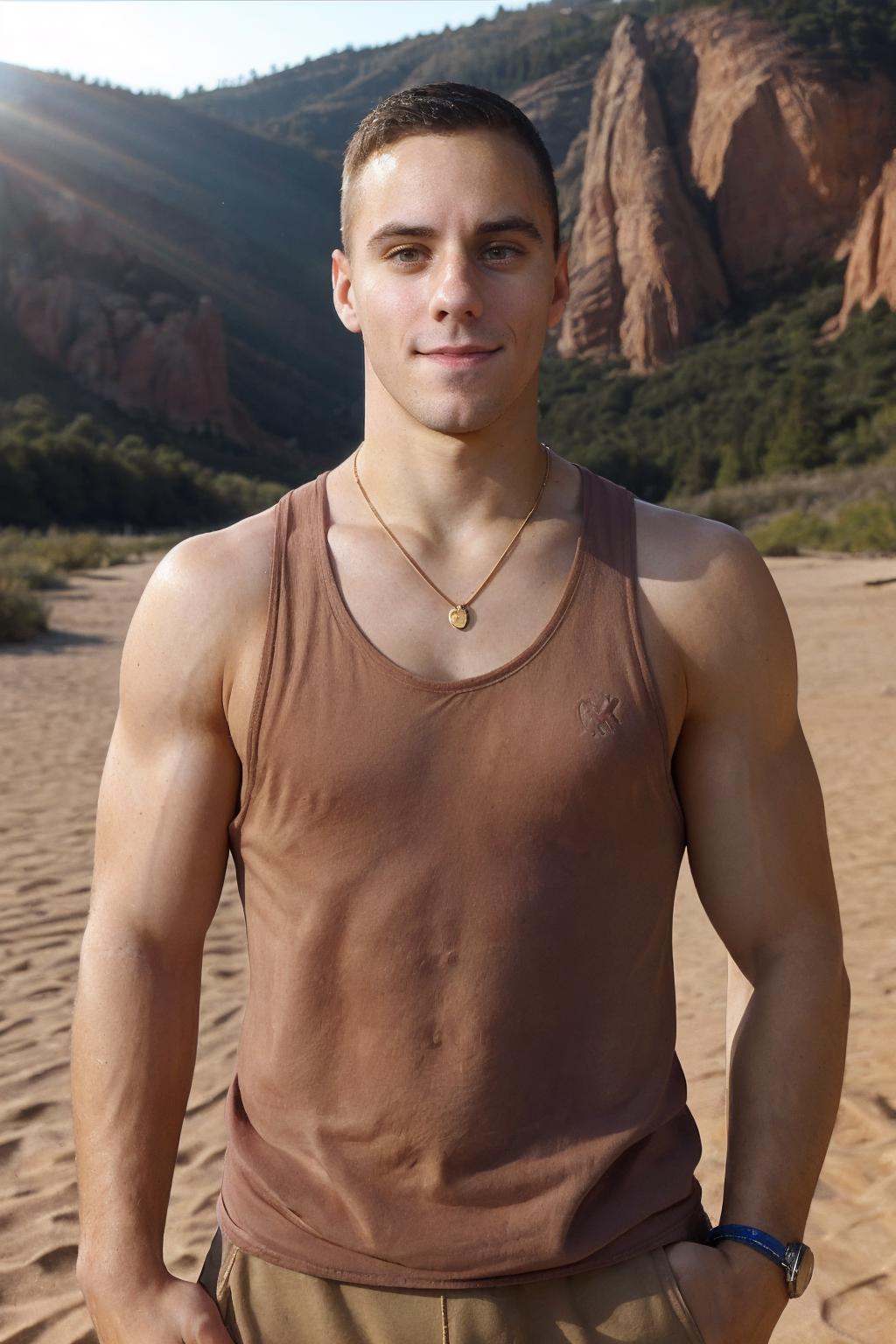 Daniel Seavey, sweaty teen boy, standing on a big rock, far from camera -  SeaArt AI