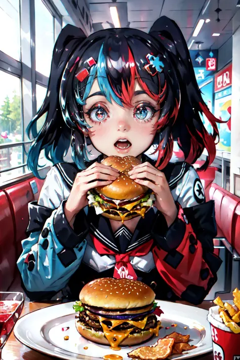 Highly detailed, High Quality, Masterpiece, beautiful, sharp focus, SwitchchanOutfit, <lora:Char_Meme_Switchchan:0.8>, burger, e...