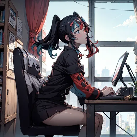 (masterpiece, best quality:1.3), <lora:switchchan2:0.8> , SwitchchanOutfit sitting on computer, shouting, annoyed, tilted head,s...