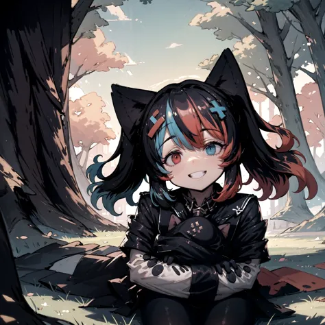 (masterpiece, best quality:1.3), <lora:switchchan2:0.9> , SwitchchanOutfit sitting on grass, (hugging huge cat:1.1), trees,half ...