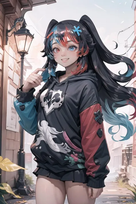 Highly detailed, High Quality, Masterpiece, beautiful, 1girl, solo, SwitchchanDefault, hoodie, wearing [walkure_armor, viking|hoodie], viking, hoodie, [woman|walkure], cowboy shot, smile, blush, ^-^, outdoors, lamp, sunlight