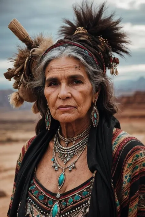 close-up photograph a nomad beefy old woman adorned in primitive jewelry, standing in a desolate yet beautiful landscape with an...