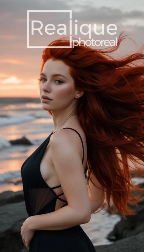 a photograph of a redhead woman with windswept tresses, her hair entangled like flames against a twilight sky, emanating untamed...