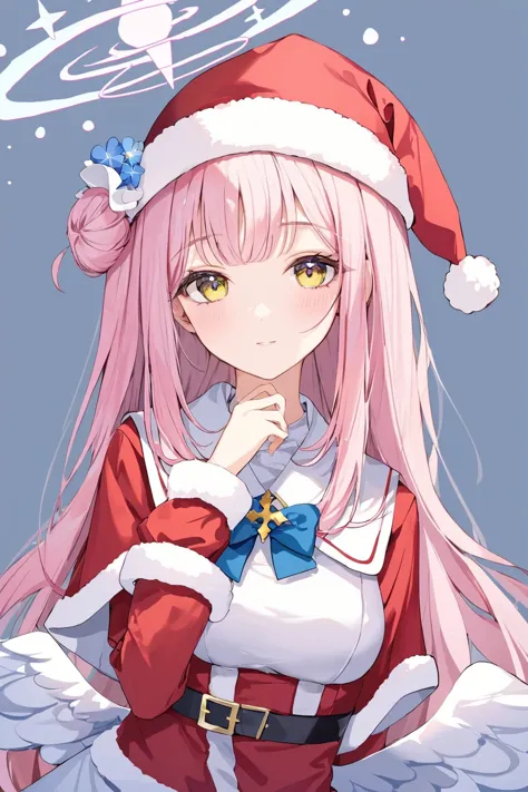 masterpiece, best quality, mika \(blue archive\), 1girl, blue archive, santa hat, santa costume, santa girl, miniskirt, angel wi...